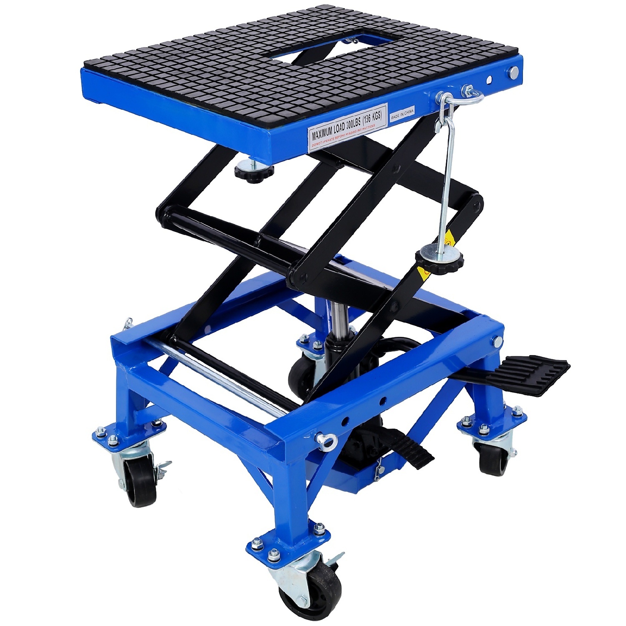 BlackTeck Motorcycle Scissor Jack — 300-Lb. Capacity, Rubber Top Surface, 4 Wheels, Blue, Model# N2-77207